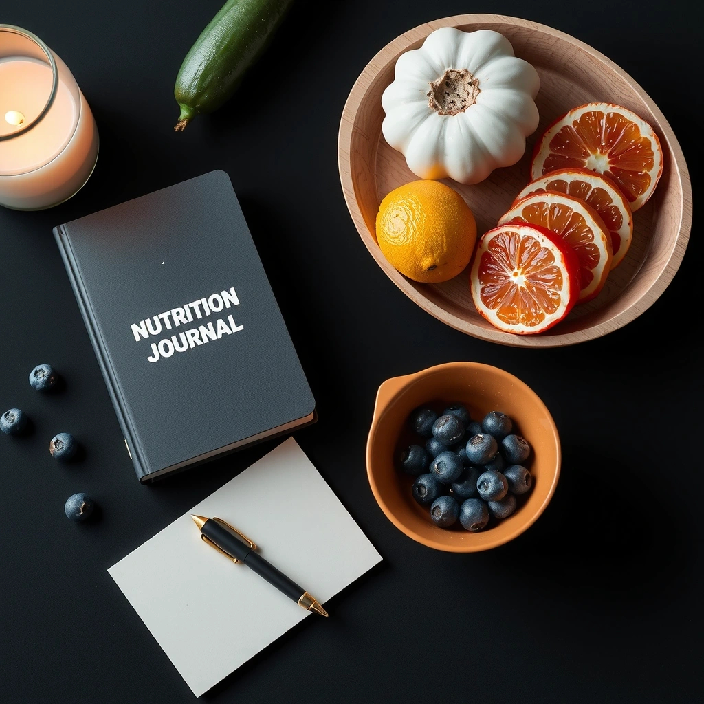 Ernährungstagebuch und Zutaten auf dunklem Tisch
